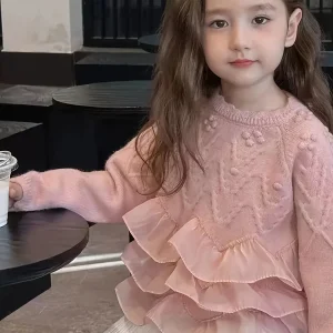Girls' Knitted Sweater with Lace Trim